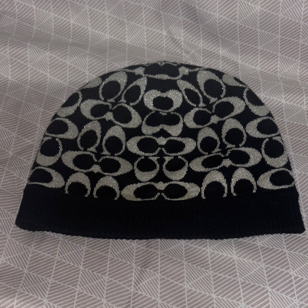 EUC Coach Black and Silver Logo Patterned Beanie